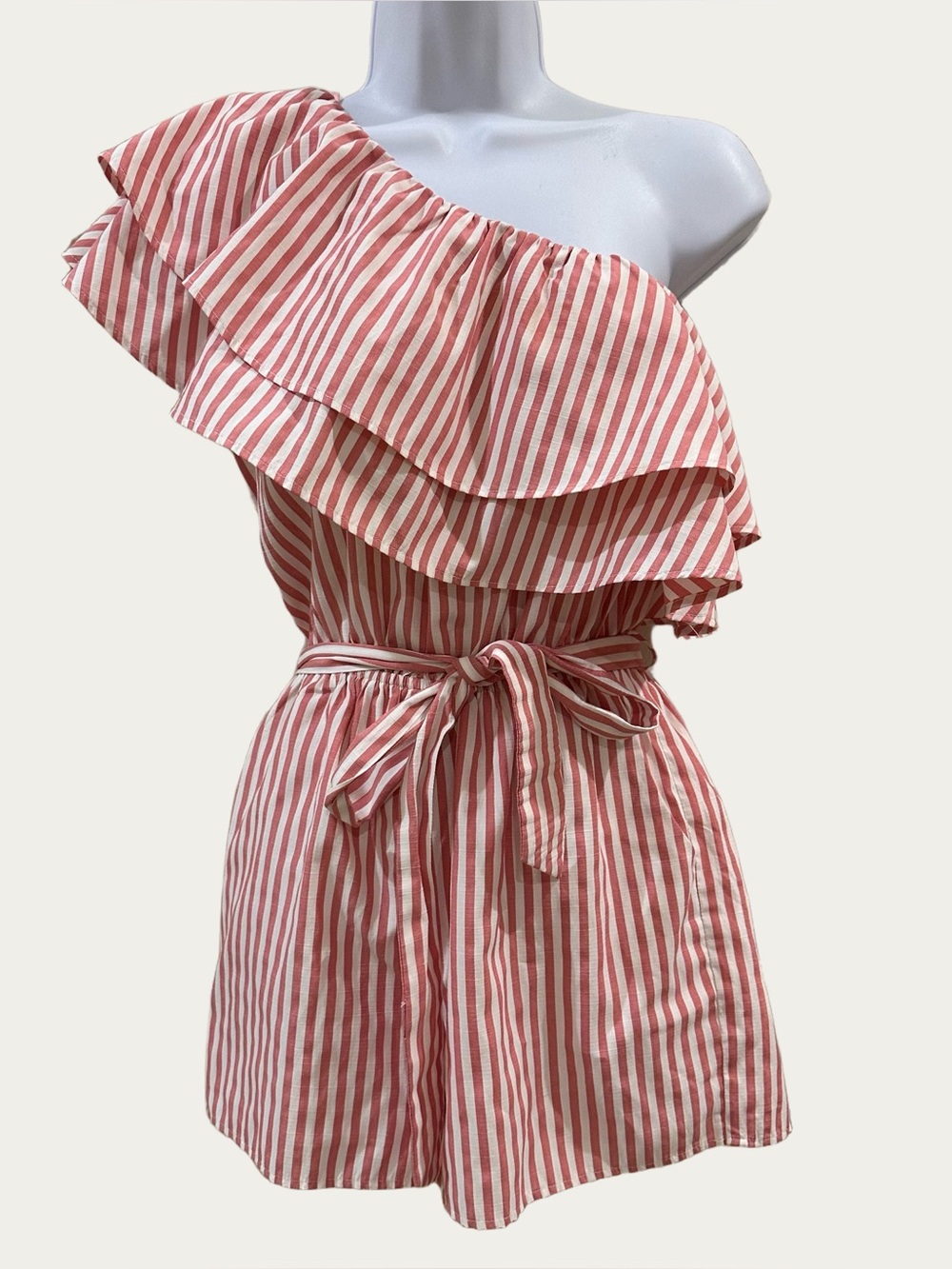 HYFVE Pink and White Striped One-Shoulder Jumpsuit Romper Small
